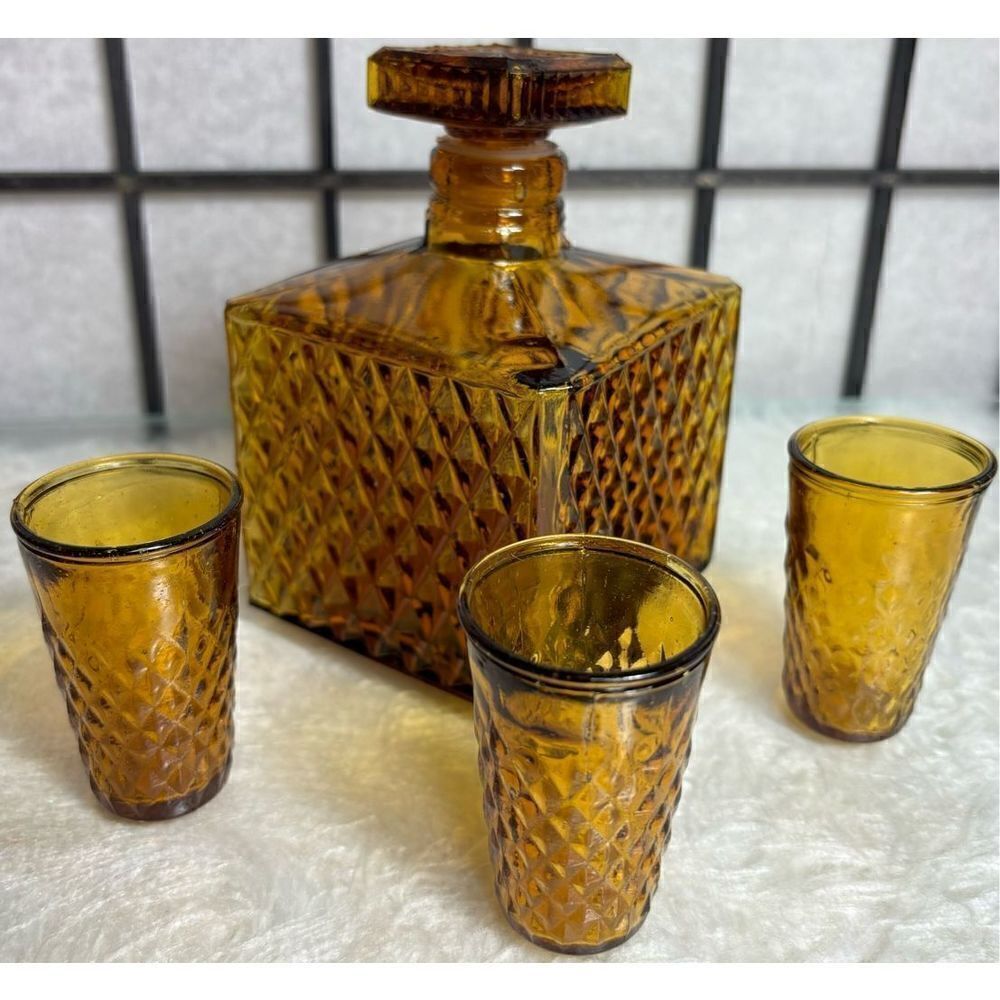 Vintage  Amber Square Diamond Etched Decanter /Three Shot glasses